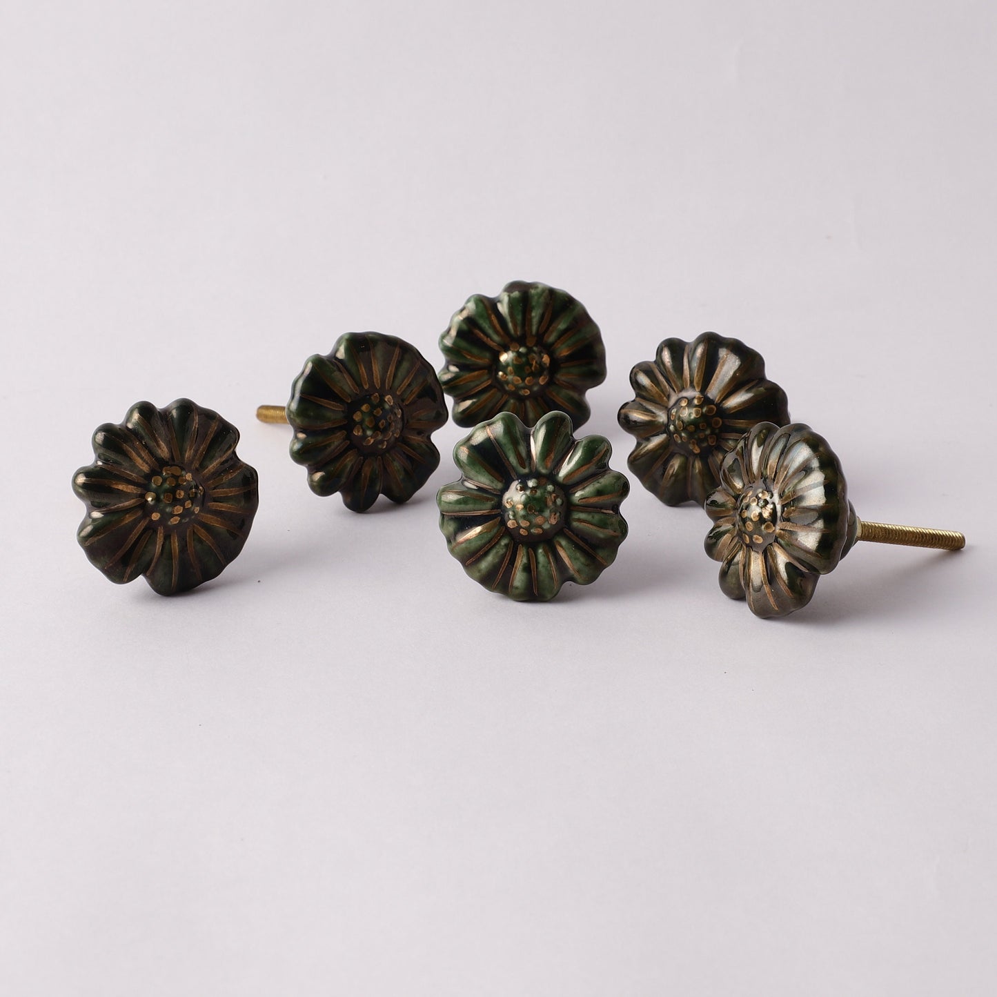 Bronzed With an Aged Green Floral Ceramic Pull Knobs (C4)