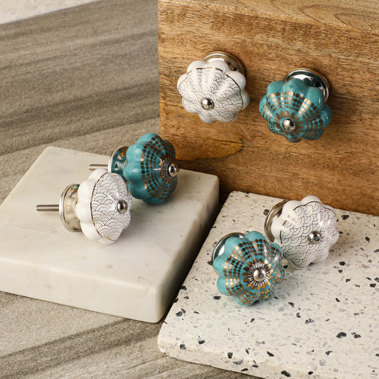 Classic Style Teal, White and Gold Ceramic Pull Knobs (C27)