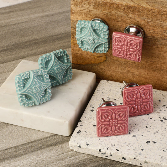 Teal and Pink Square Style Ceramic Pull Knob (C3)
