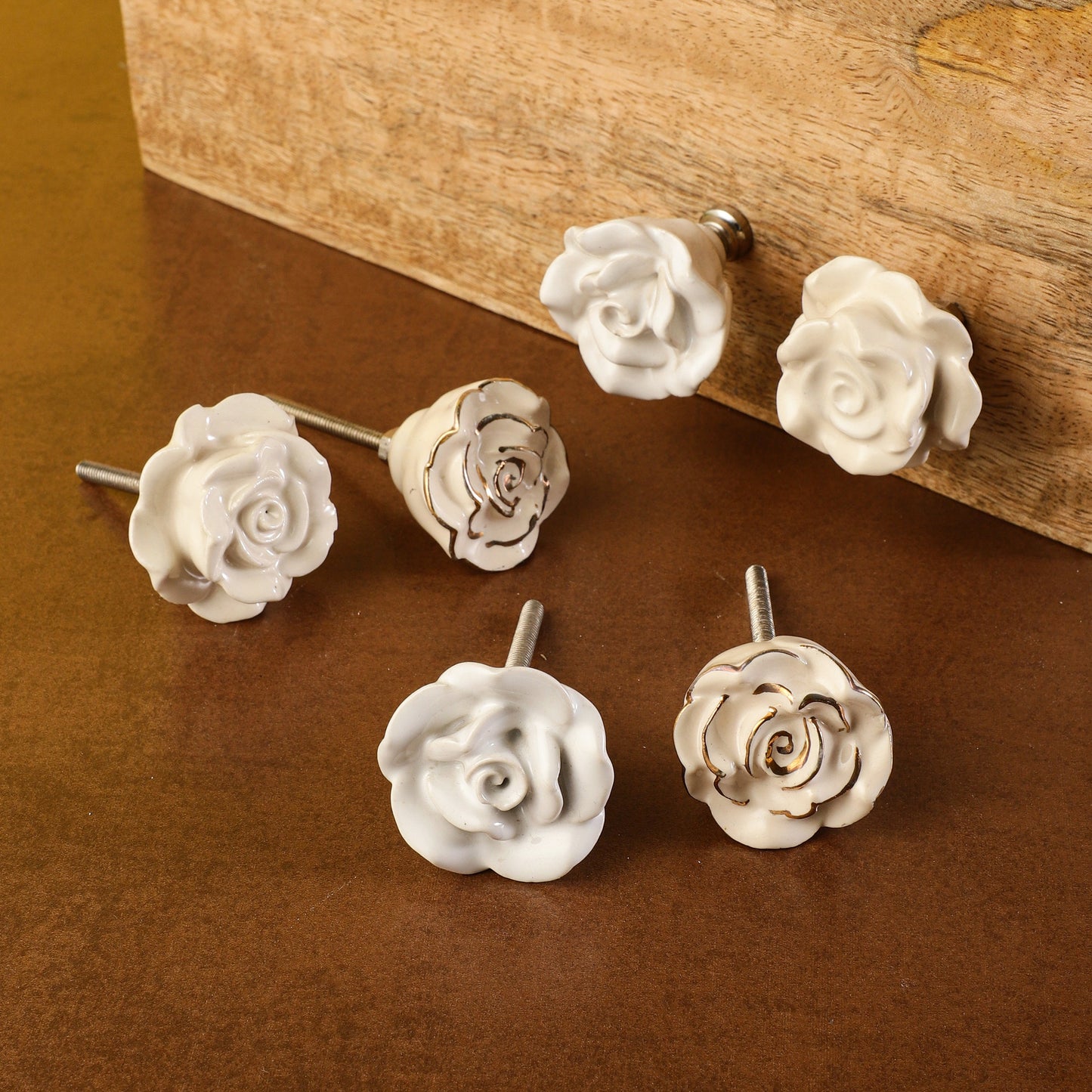 White with Gold, Rose Style Ceramic Pull Knobs (C17)